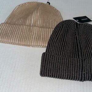 Alfani Ribbed‎ Knit Beanie Set in Beige and Dark Gray Bundle